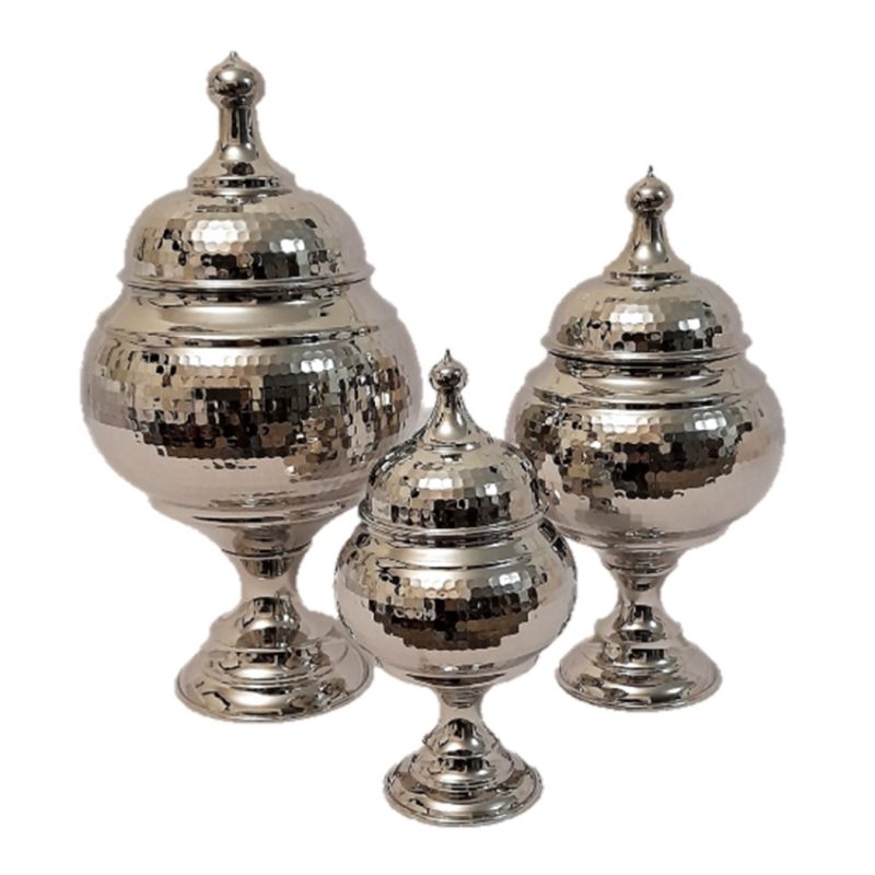  شکلات خوری مسی فضلی زنجان طرح خمره ای کروم3سایز مختلف  سایز 1 مناسب قندان   سایز 2 مناسب شکلات  سایز 3 مناسب اجیل 
